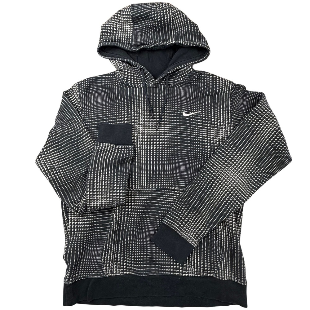 Nike Mens Geometric Grid Print Hoodie Black White Pullover Sweatshirt Medium